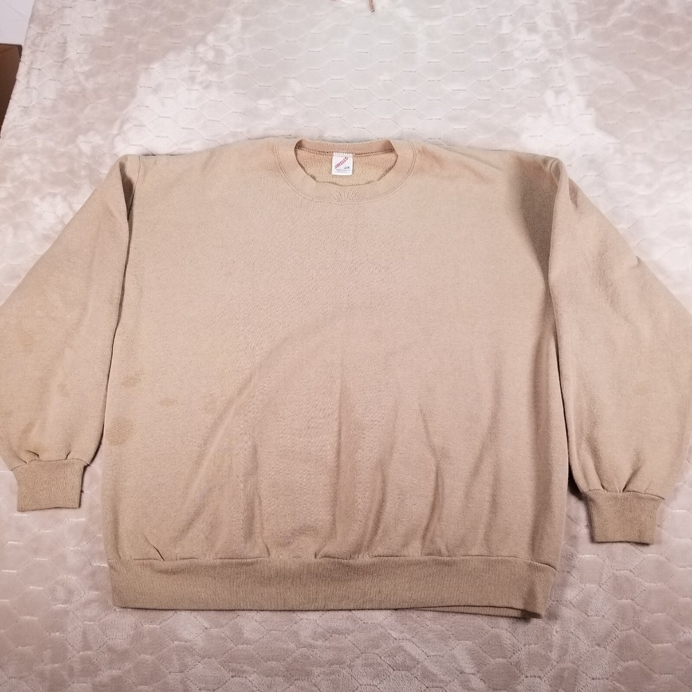 VTG 90s JERZEES Blank Plain Crewneck Sweatshirt Tan Size 2XL USA‎ Made STAINS